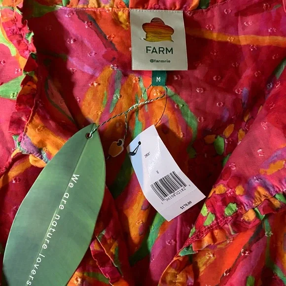 Farm Rio Fruit brush mini dress puff sleeves M L ruffles fringe organic cotton - Picture 8 of 11